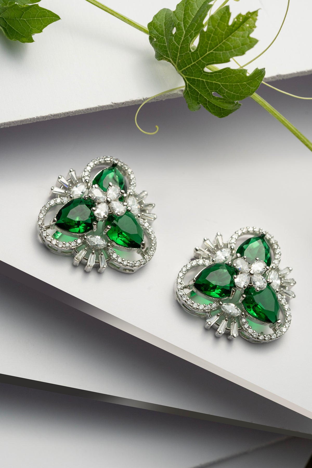 Green Floral Crystal Stud Earrings for Women