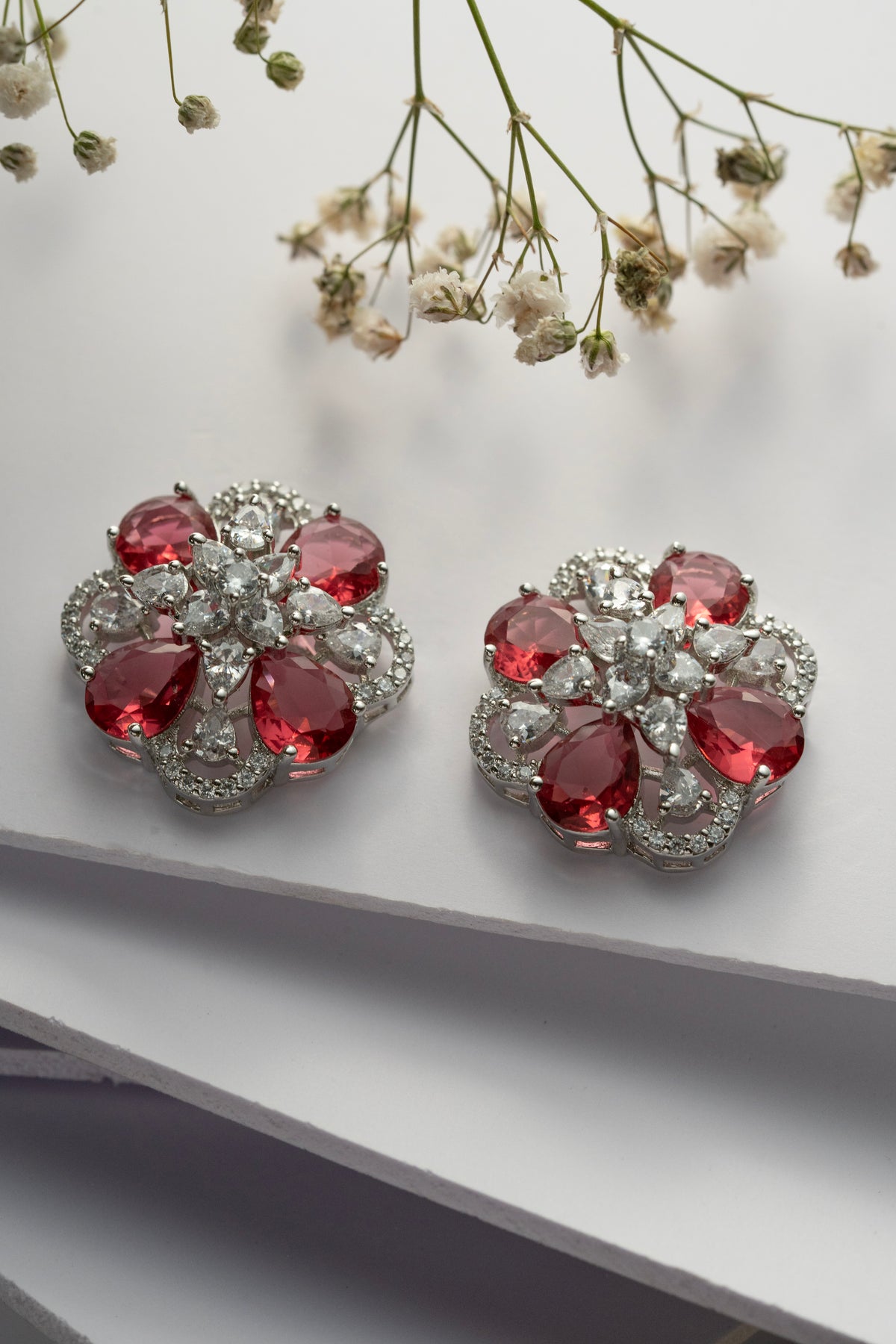 Pink Floral Crystal Stud Earrings for Women