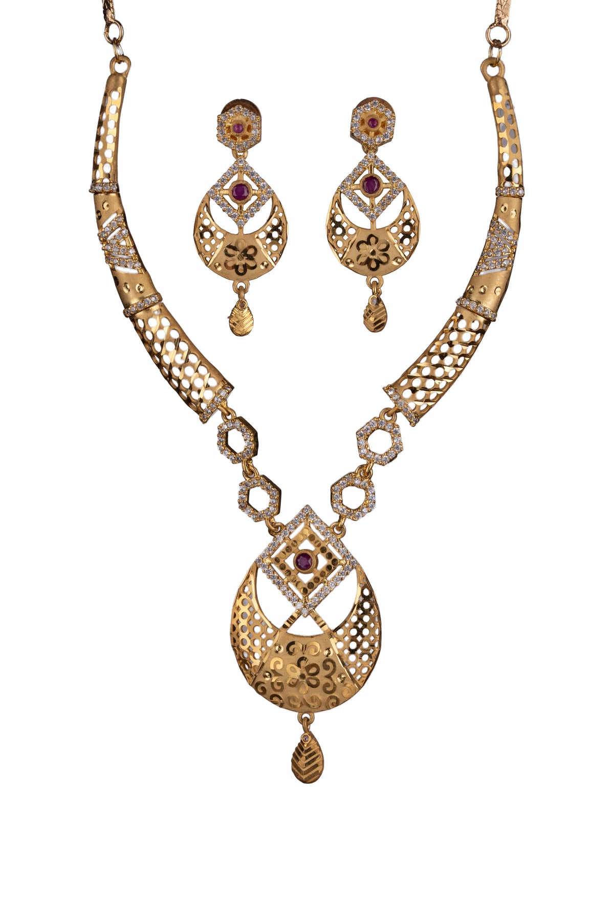 Gold-Tone Traditional Necklace & Earrings Set with Pink Stone