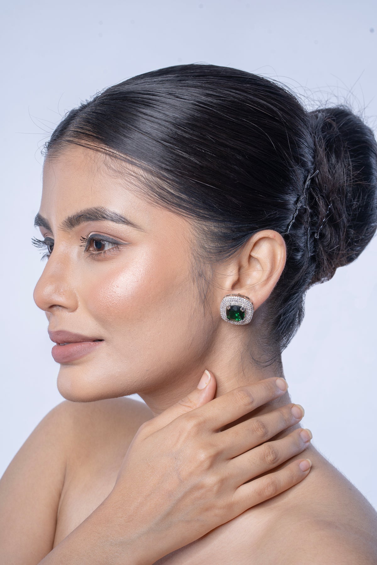 Silver-Tone Green Emerald-Style Square Stud Earrings for Women