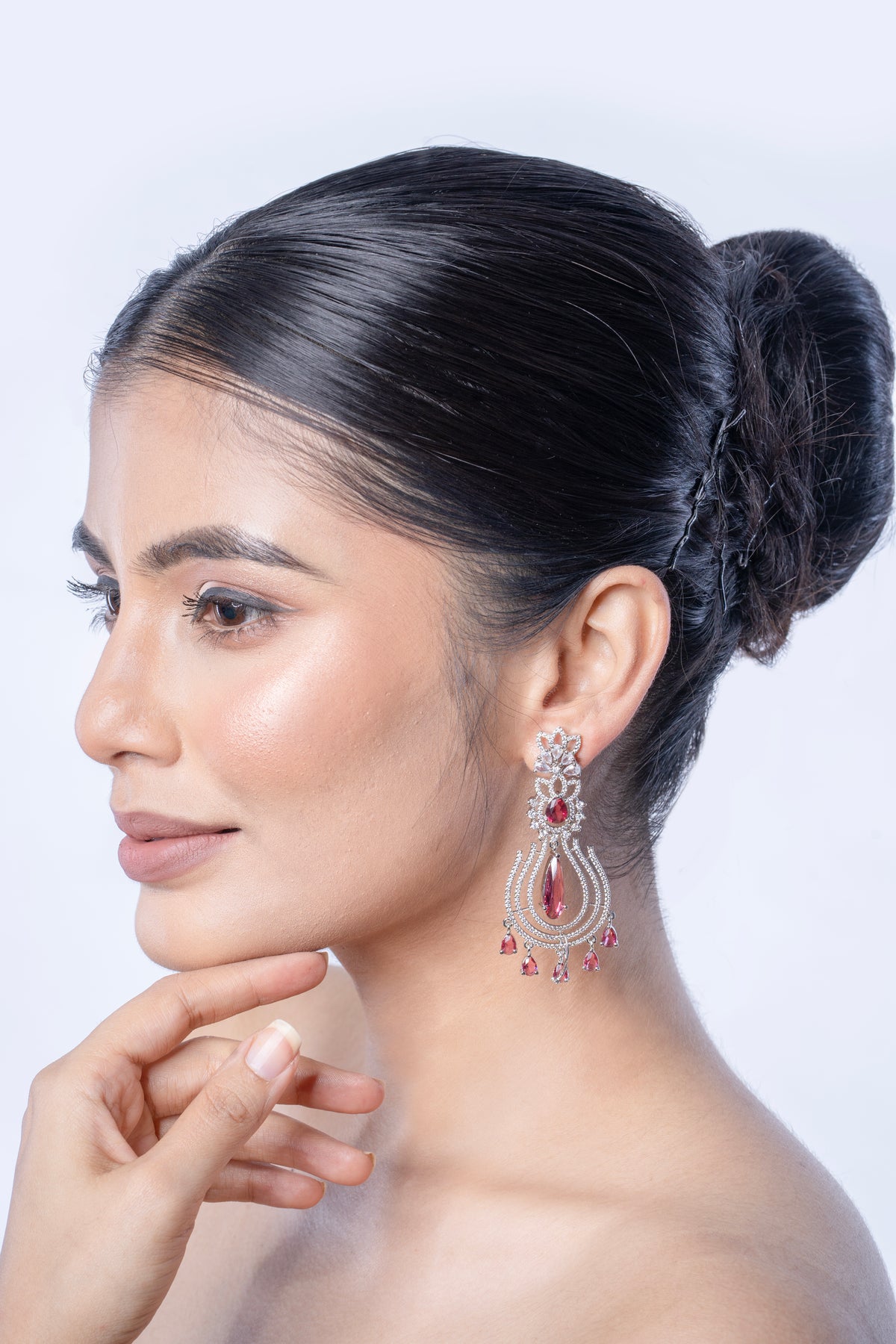 Silver-Tone Pink Stone Statement Drop Earrings for Women