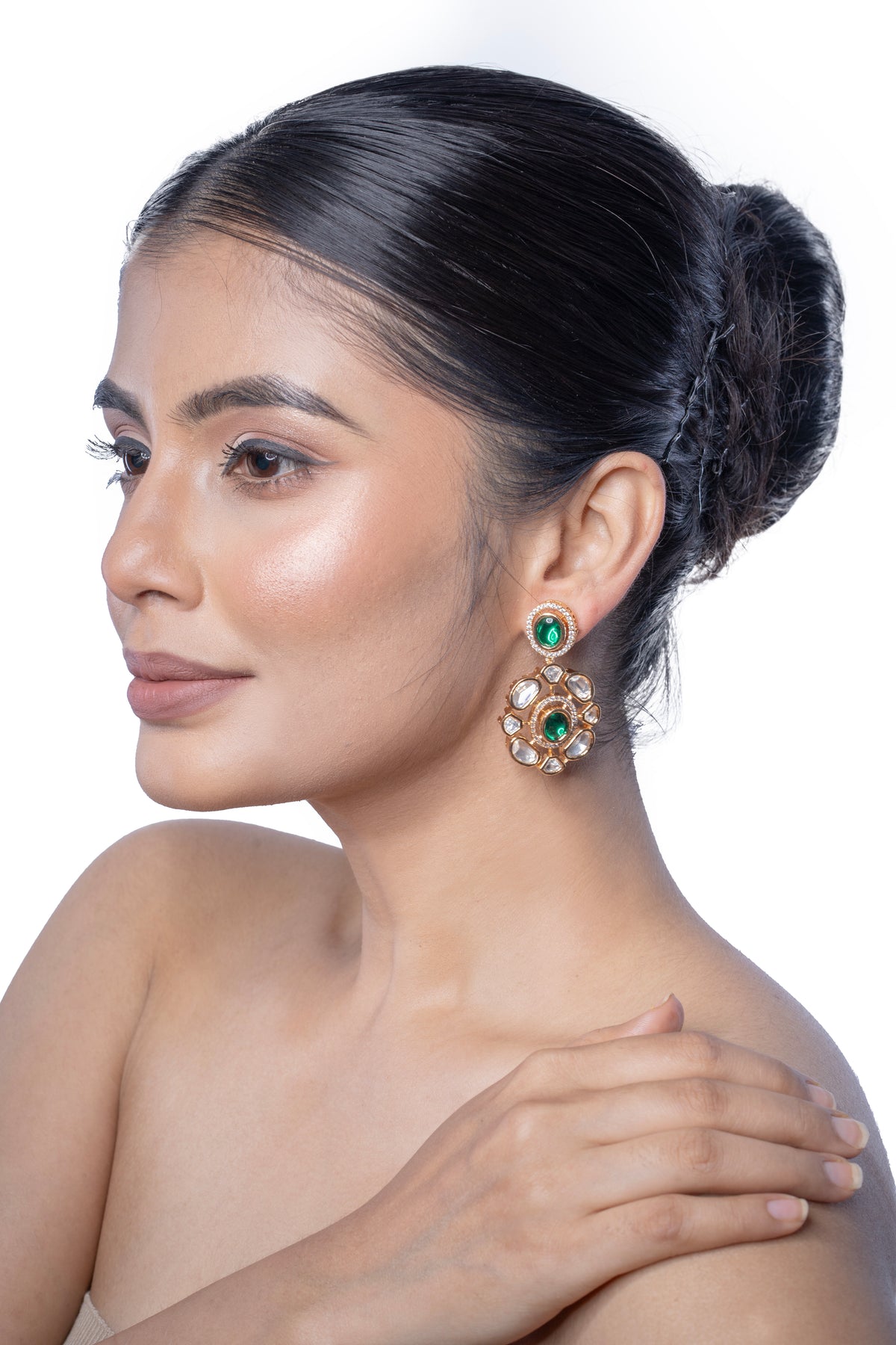 Gold-Tone Green Stone Floral Drop Earrings for Women