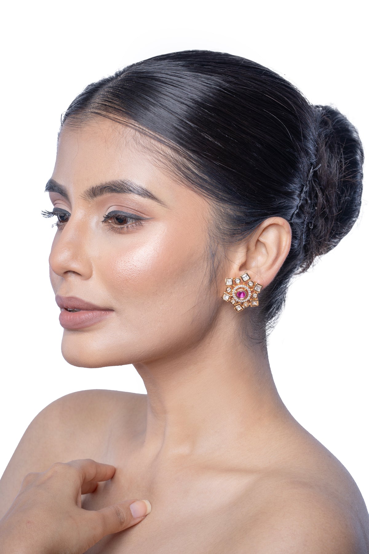 Ruby Centre Gold-Tone Geometric Stud Earrings for Women