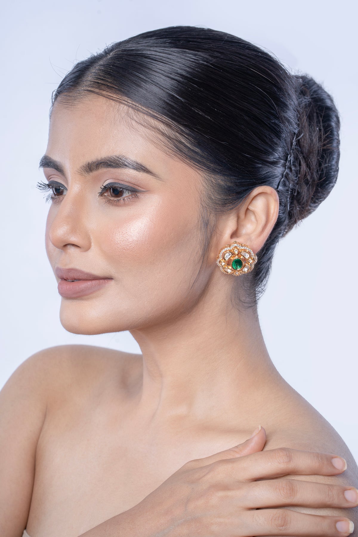 Green Oval Stone Gold-Tone Floral Stud Earrings for Women
