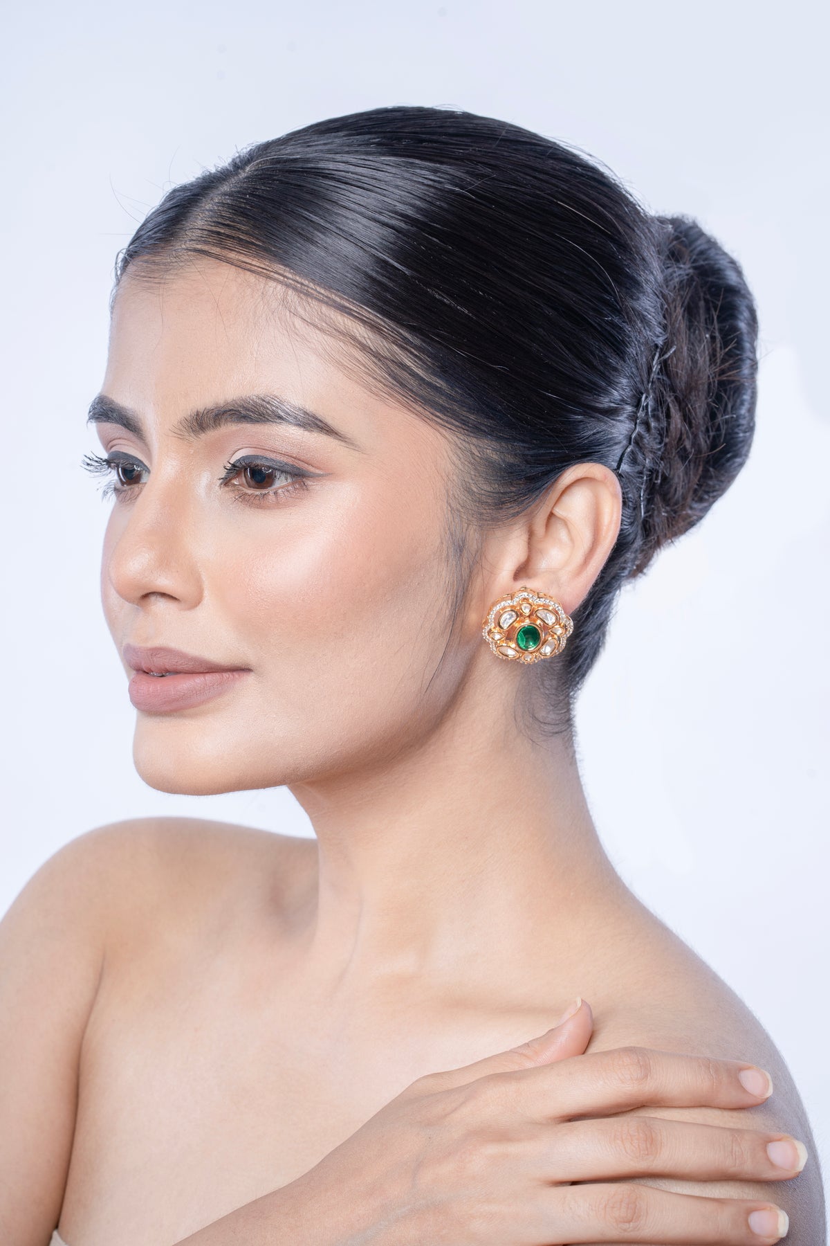 Green Square Stone Gold-Tone Stud Earrings for Women
