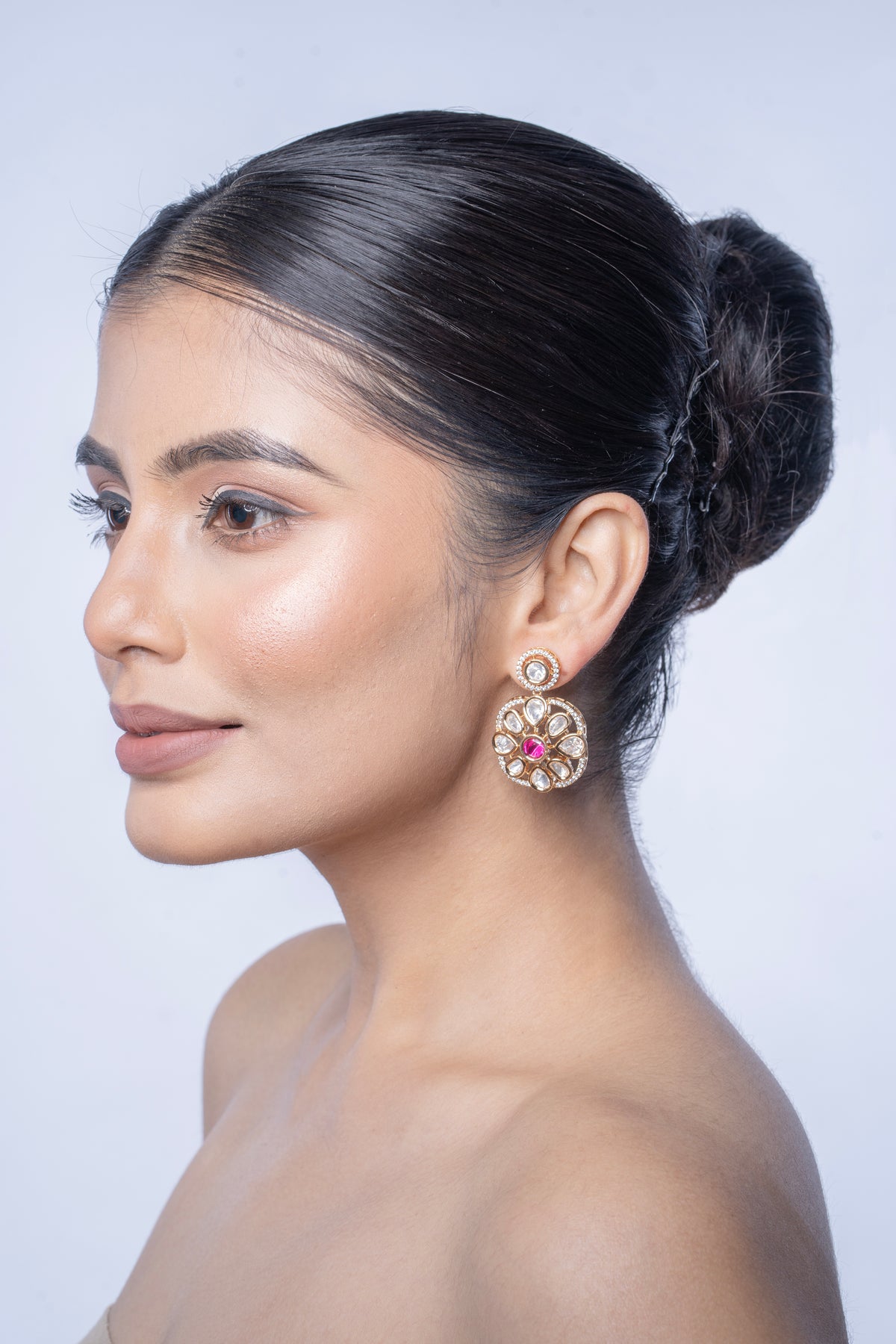 Gold-Tone Floral Pink Stone Stud Drop Earrings for Women