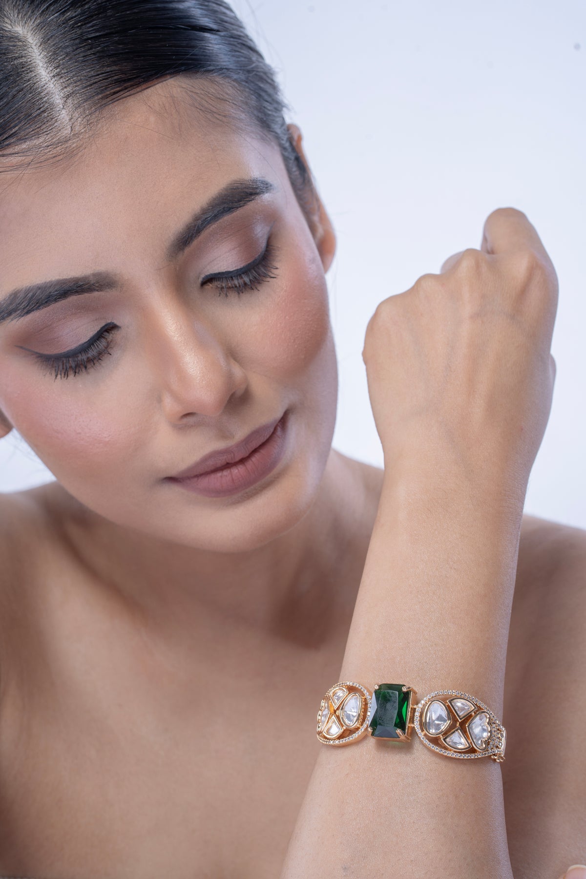 Gold-Tone Green Stone Geometric Statement Bangle for Women
