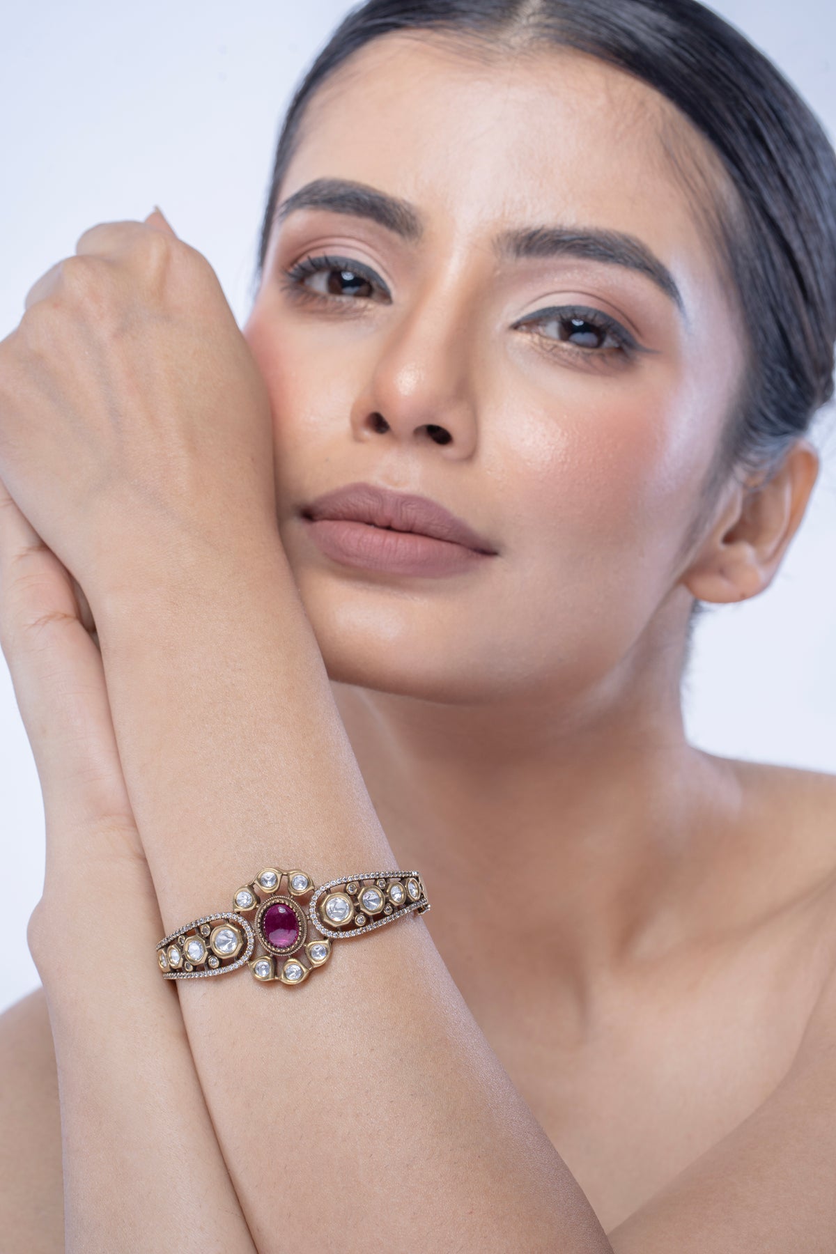 Gold-Tone Pink Stone Embellished Statement Bangle for Women