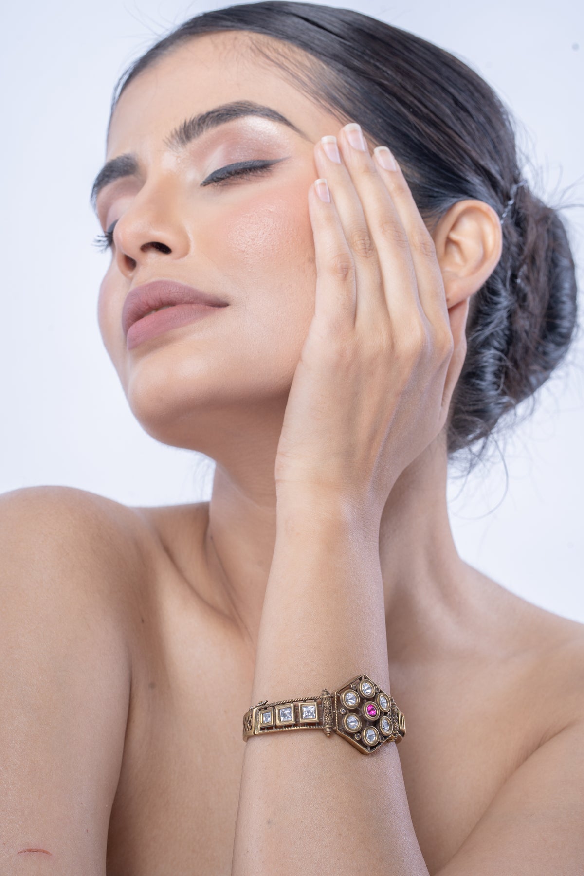 Gold-Tone Pink Stone Geometric Statement Bangle for Women