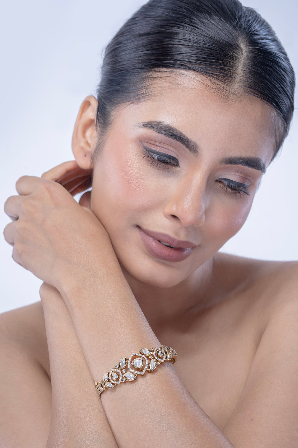Gold-Tone Geometric Embellished Statement Bangle for Women