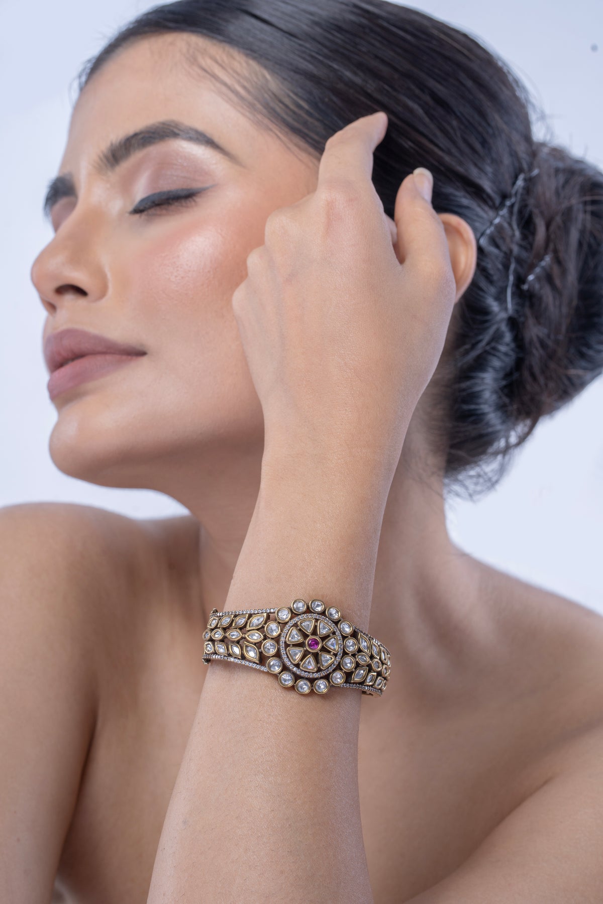 Gold-Tone Designer Bracelet with Floral Stone Detailing for Women