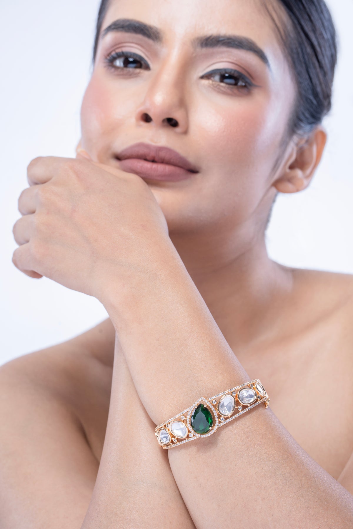 Gold-Tone Green Stone Statement Bracelet for Women
