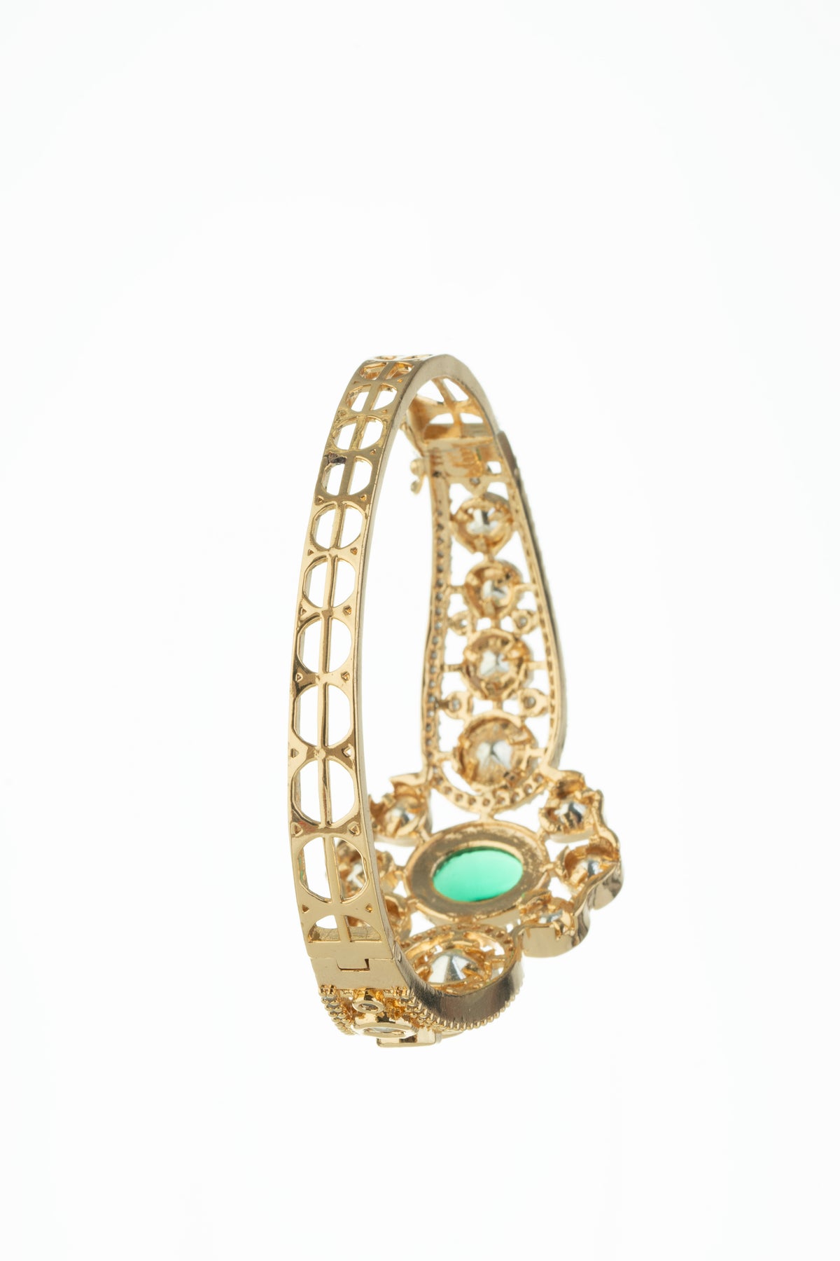 Gold-Tone Green Stone Floral Crystal Bangle for Women