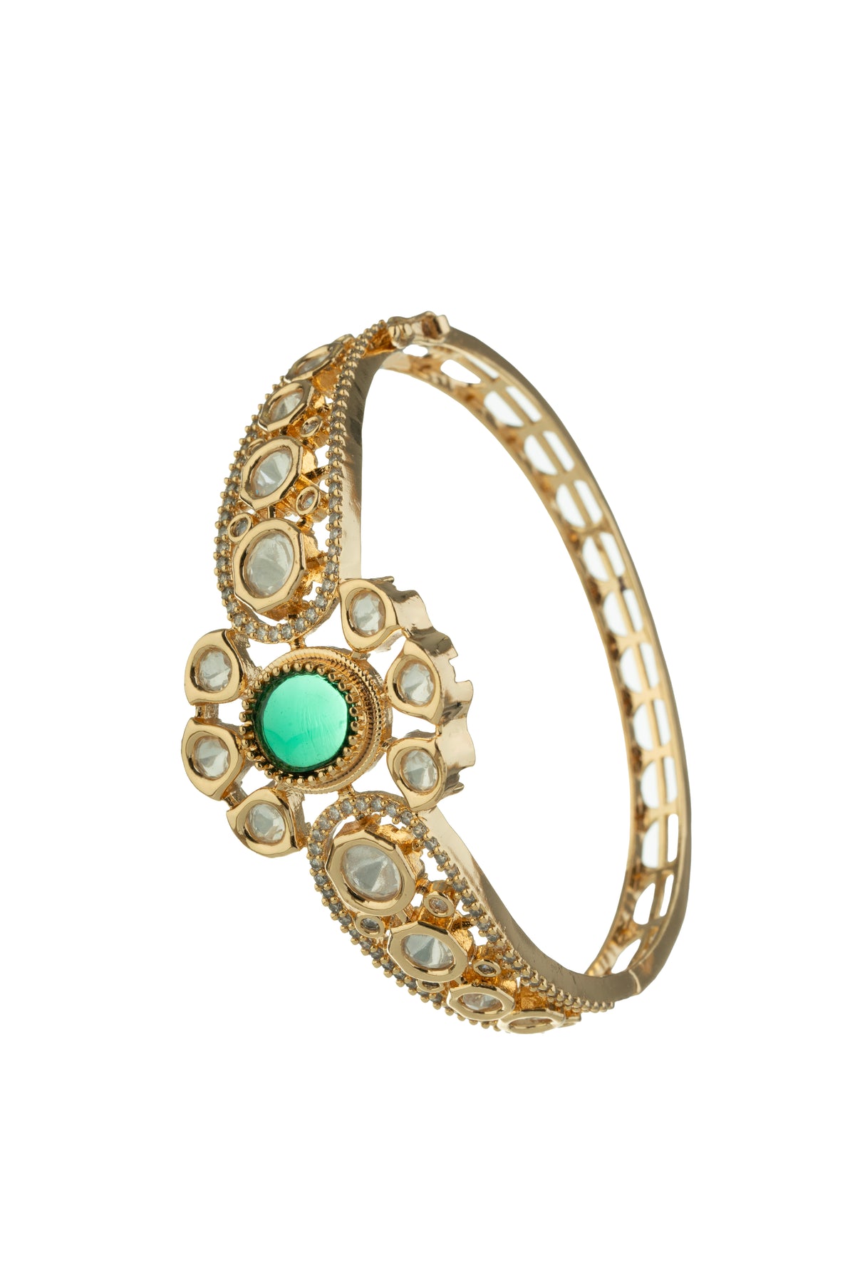 Gold-Tone Green Stone Floral Crystal Bangle for Women
