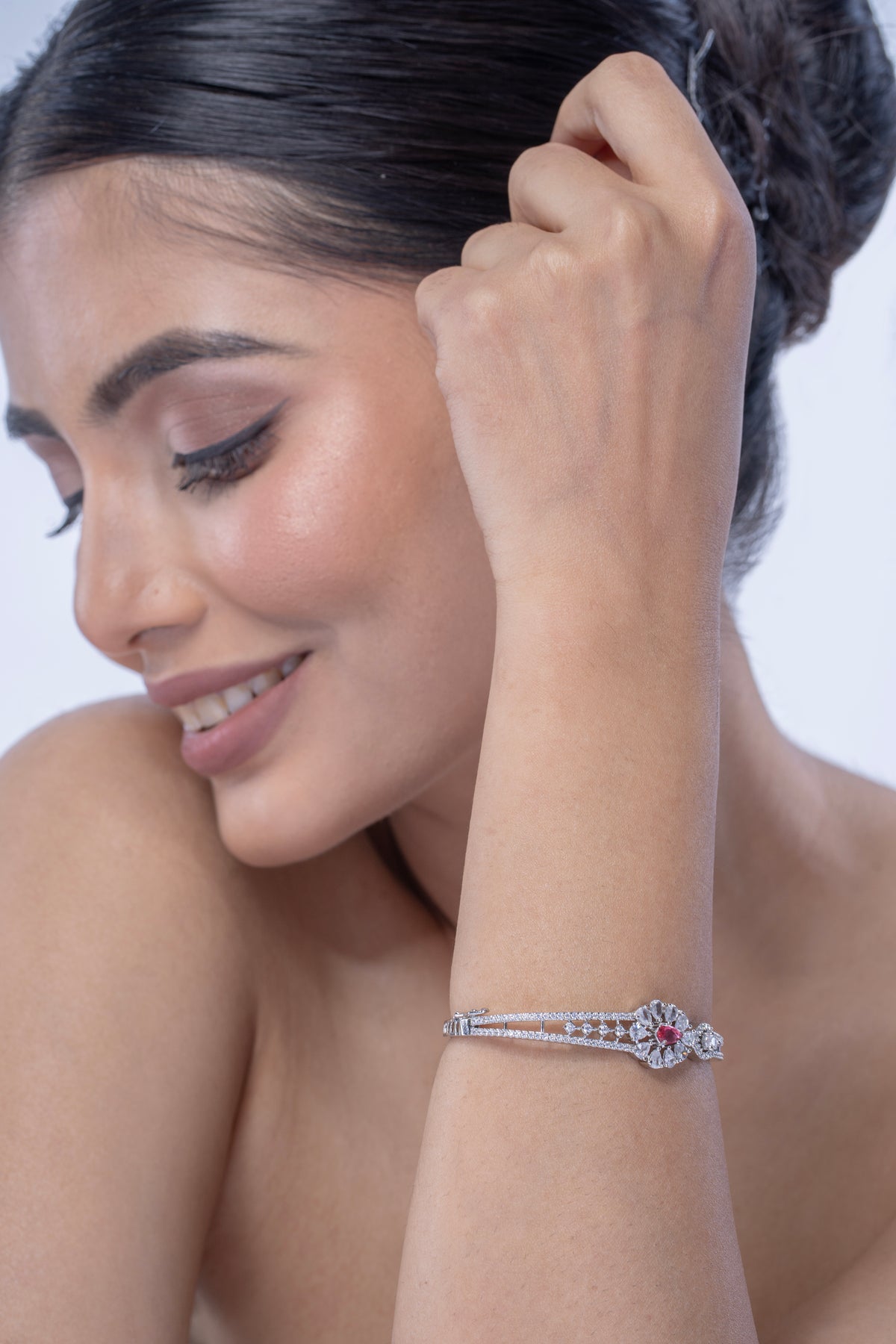 Silver-Tone Pink Stone Floral Statement Bangle for Women
