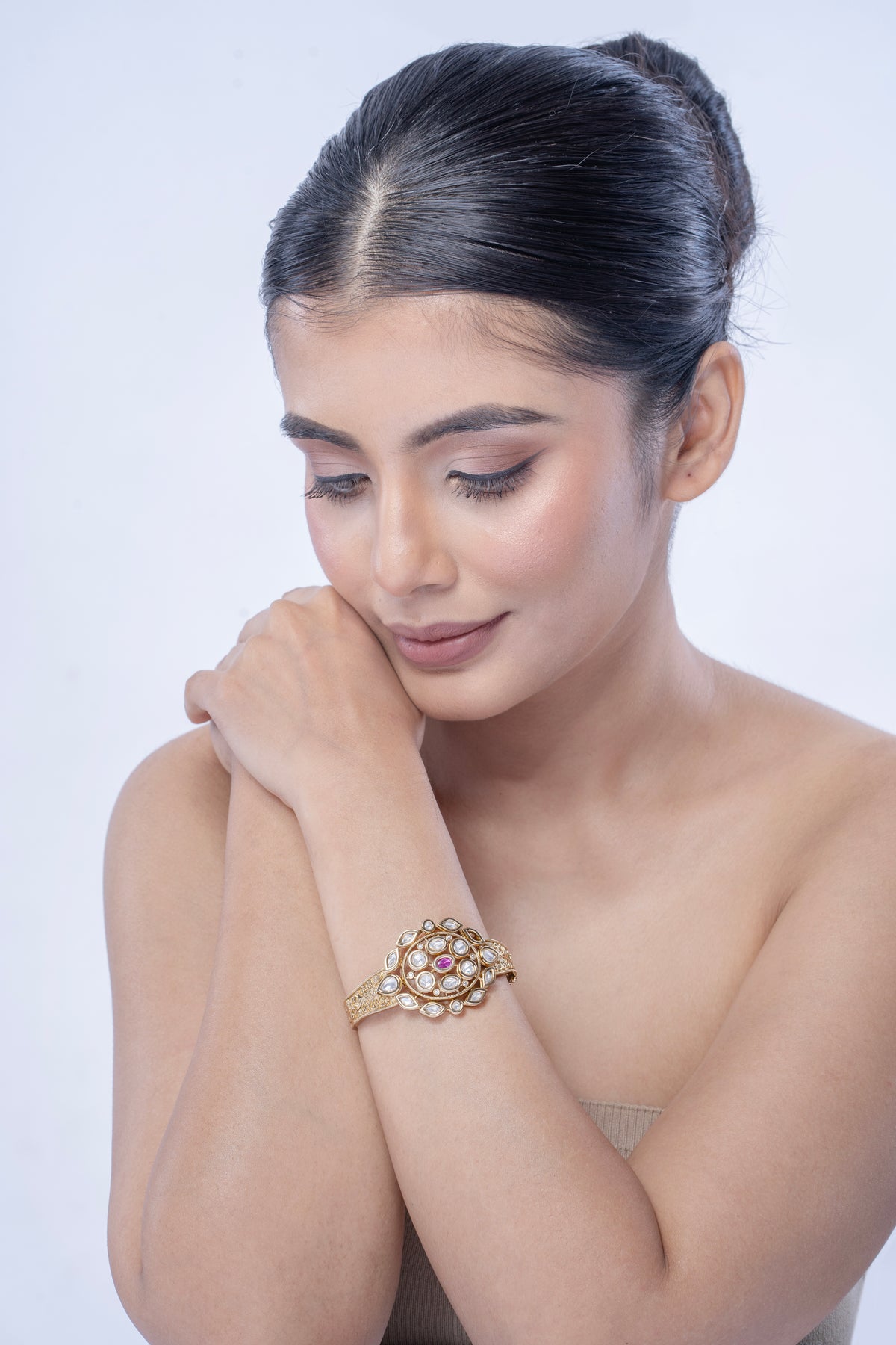 Gold-Tone Pink Stone Traditional Statement Bangle for Women