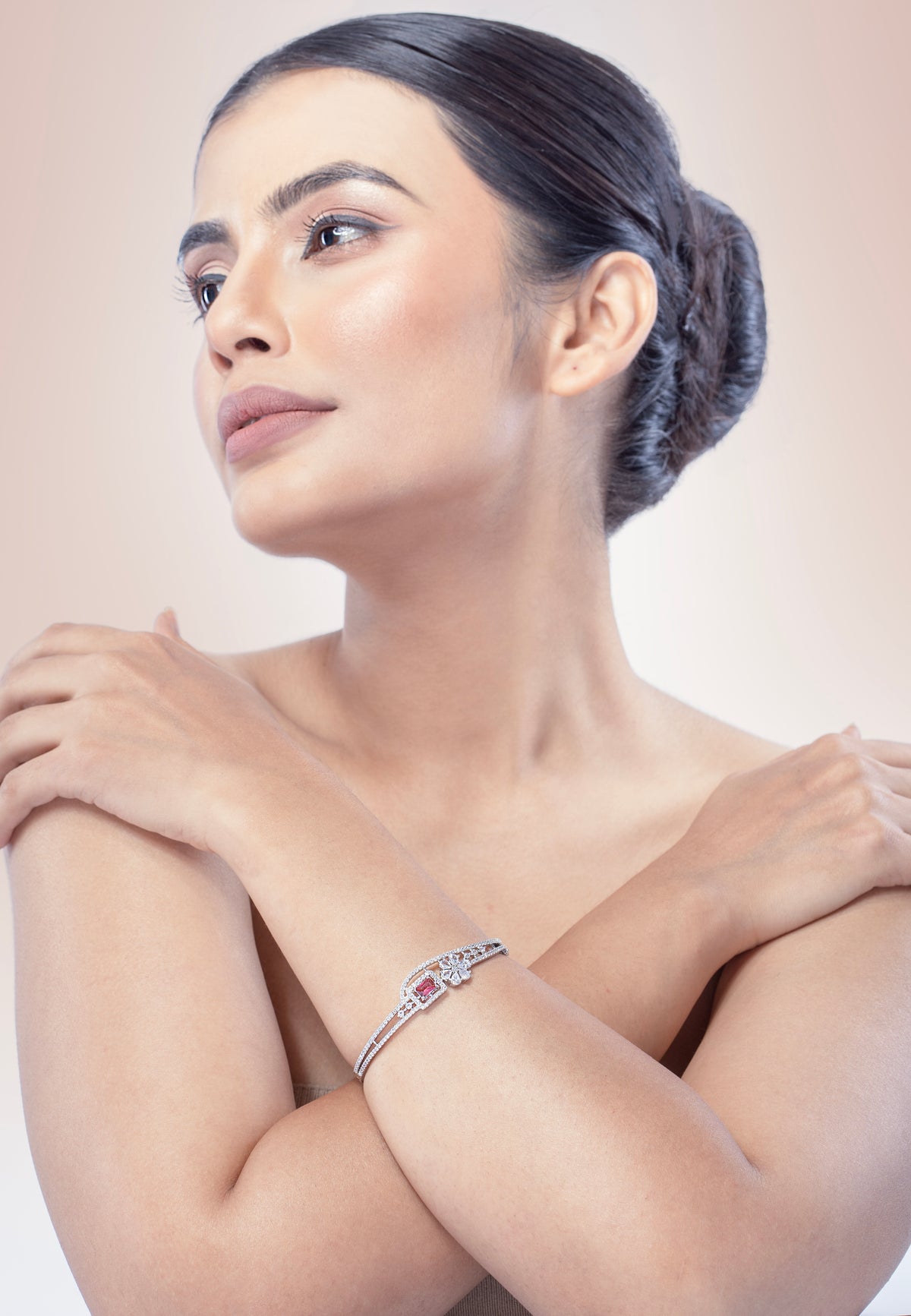 Silver-Tone Pink Stone Double-Layer Crystal Bracelet for Women