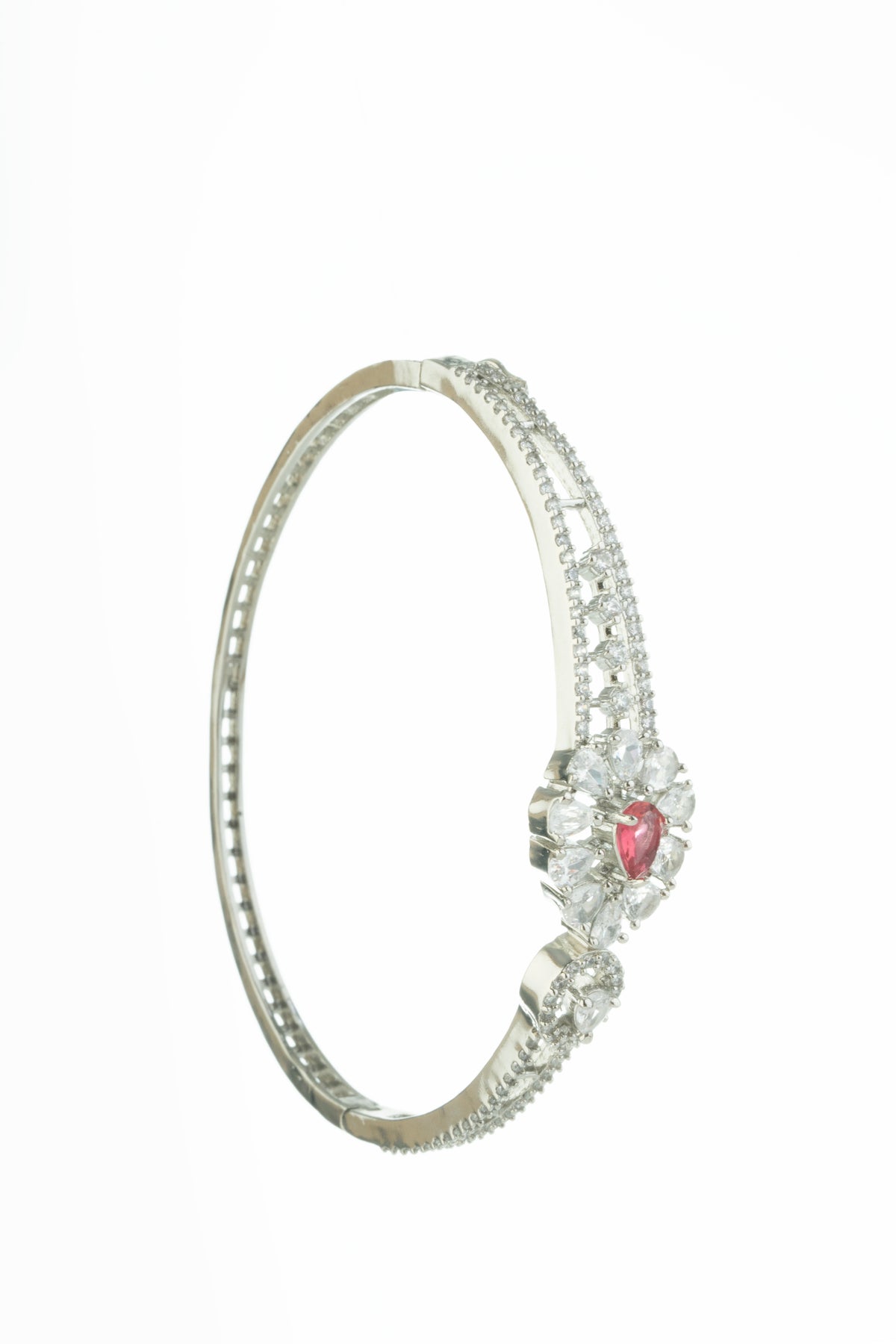 Silver-Tone Pink Stone Floral Statement Bangle for Women