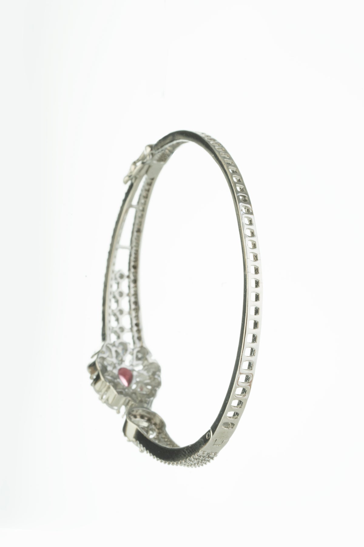 Silver-Tone Pink Stone Floral Statement Bangle for Women