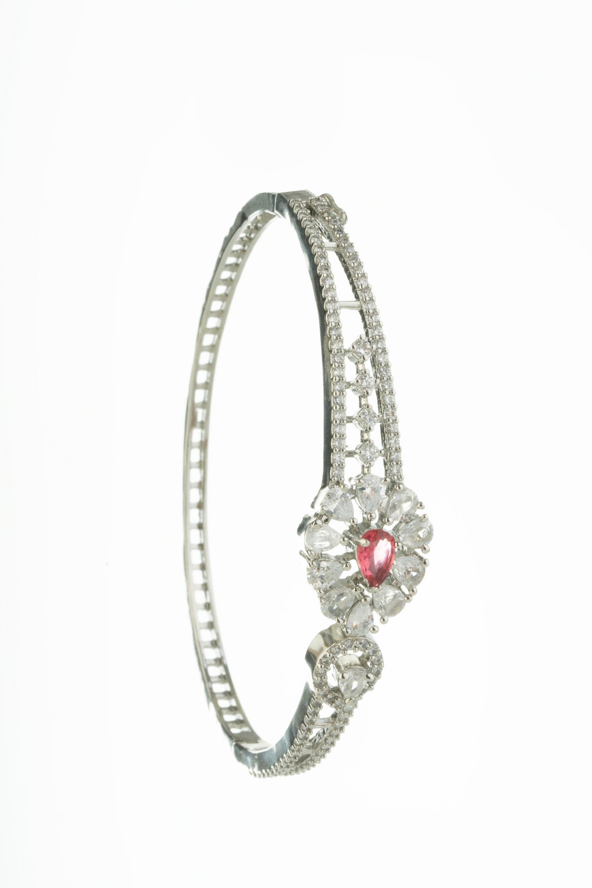 Silver-Tone Pink Stone Floral Statement Bangle for Women