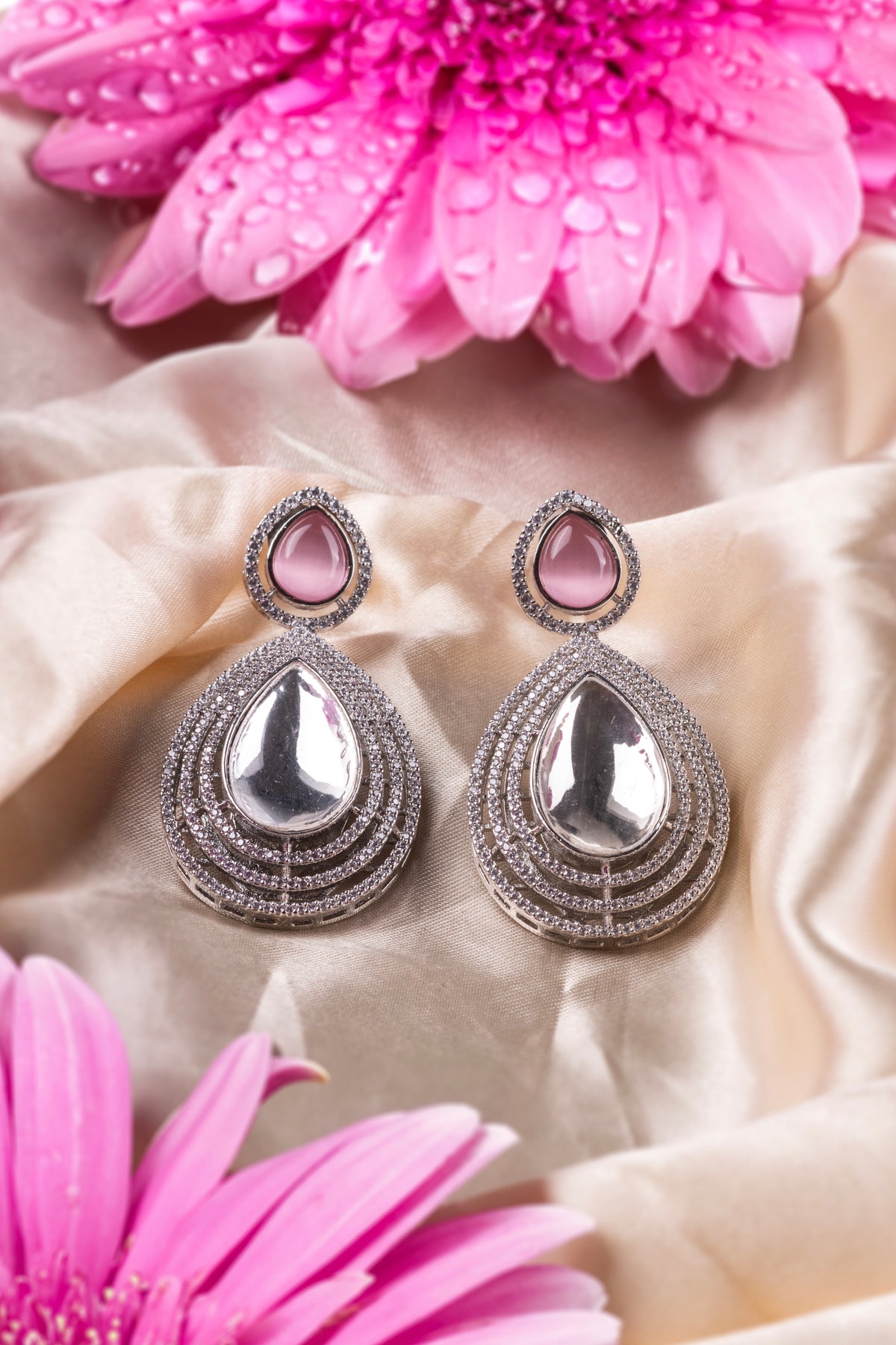 Pink Stone Silver-Tone Teardrop Drop Earrings for Women