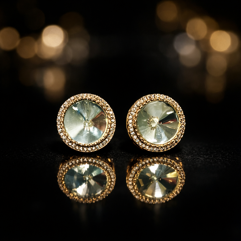 Green Round Stone Gold-Tone Stud Earrings for Women