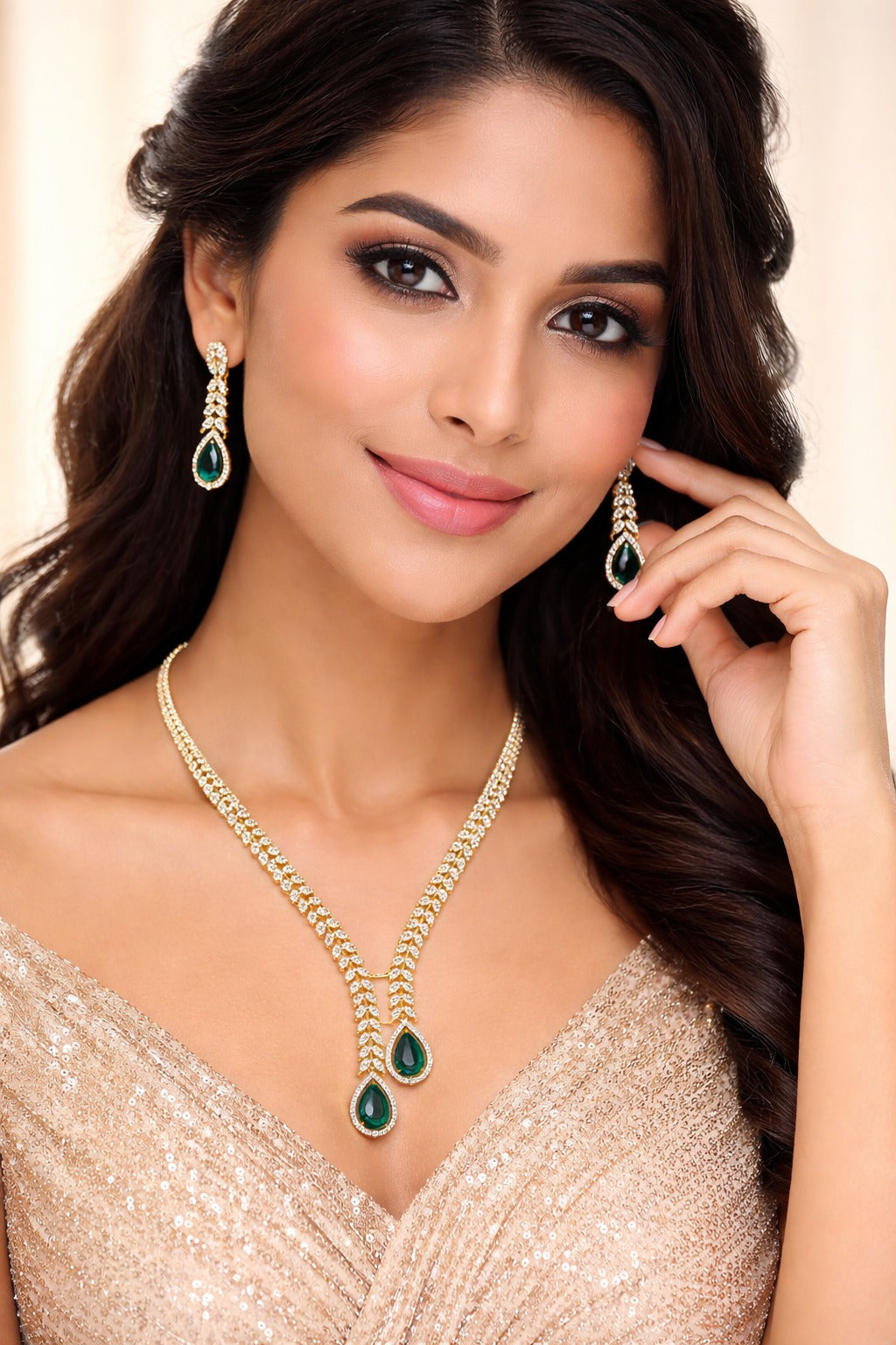 Kayrah Gold Tone Green Stone Leaf Design Necklace Set with Earrings