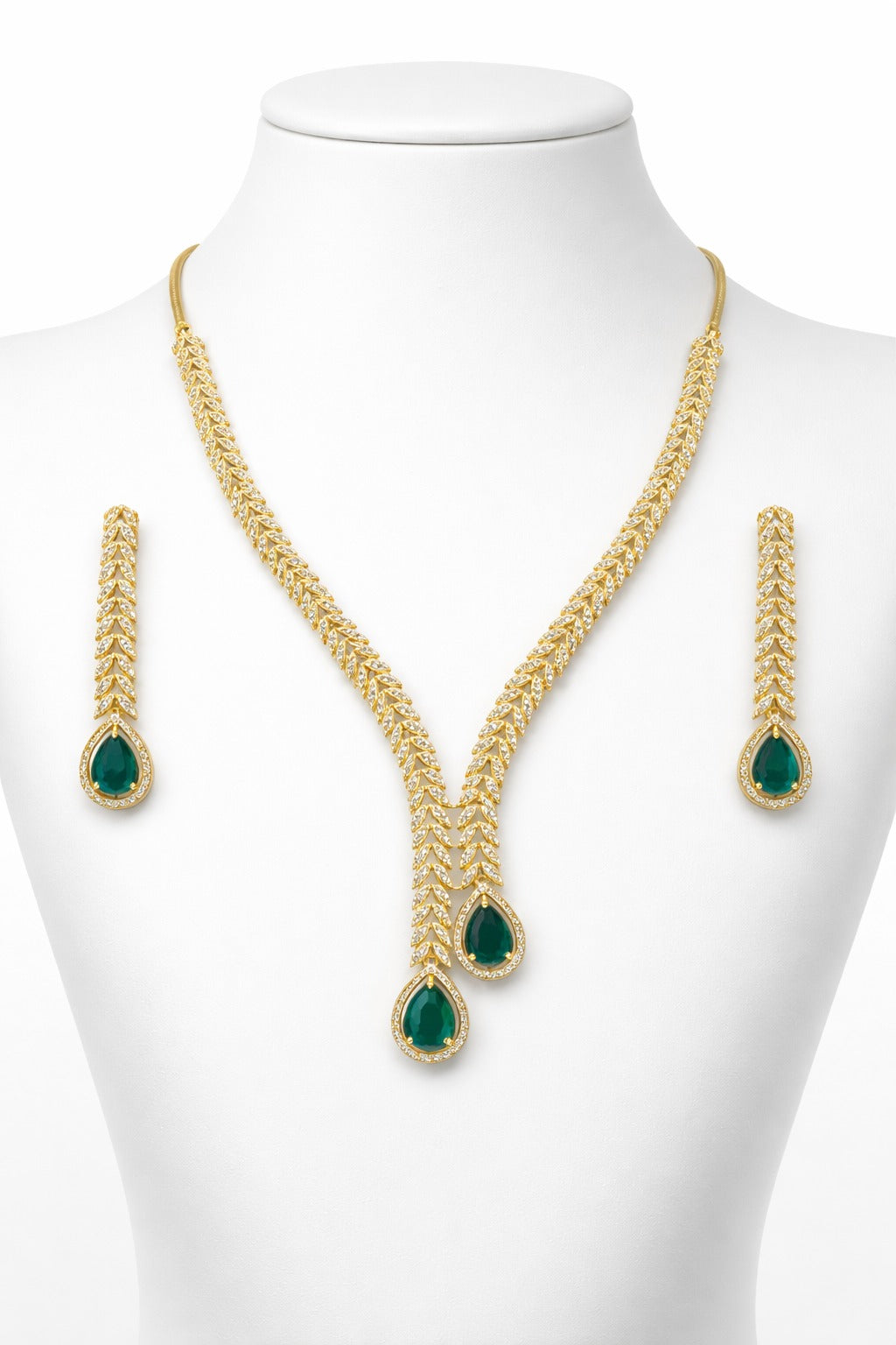 Kayrah Gold Tone Green Stone Leaf Design Necklace Set with Earrings