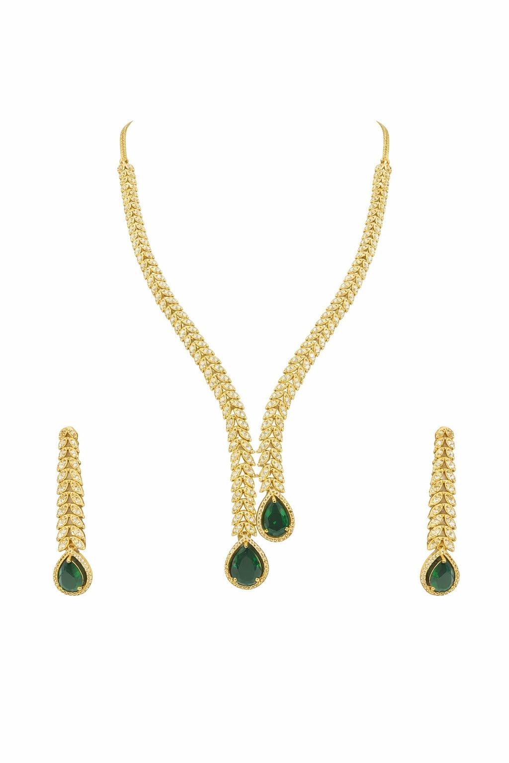 Kayrah Gold Tone Green Stone Leaf Design Necklace Set with Earrings