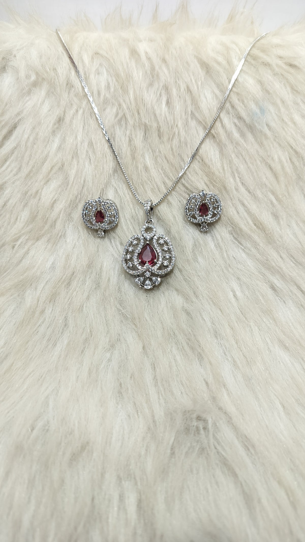 Silver-Tone Pink Stone Pendant Necklace & Earrings Set for Women