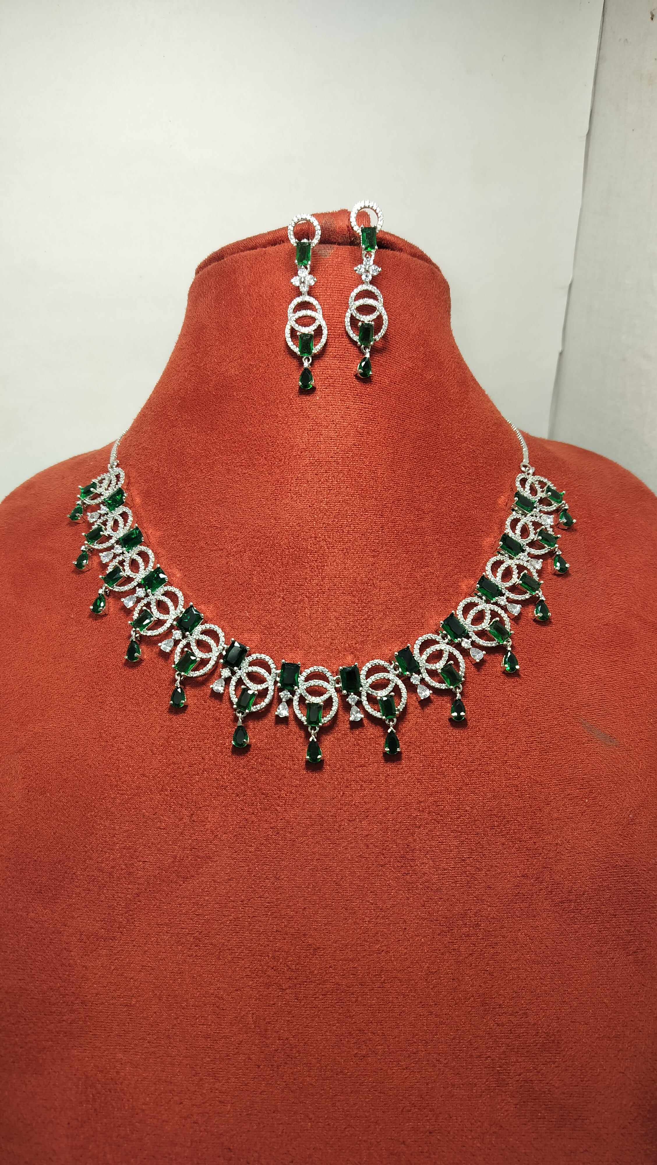 Kayrah Elegant Silver-Tone Green Teardrop Crystal Statement Necklace Set with Matching Drop Earrings