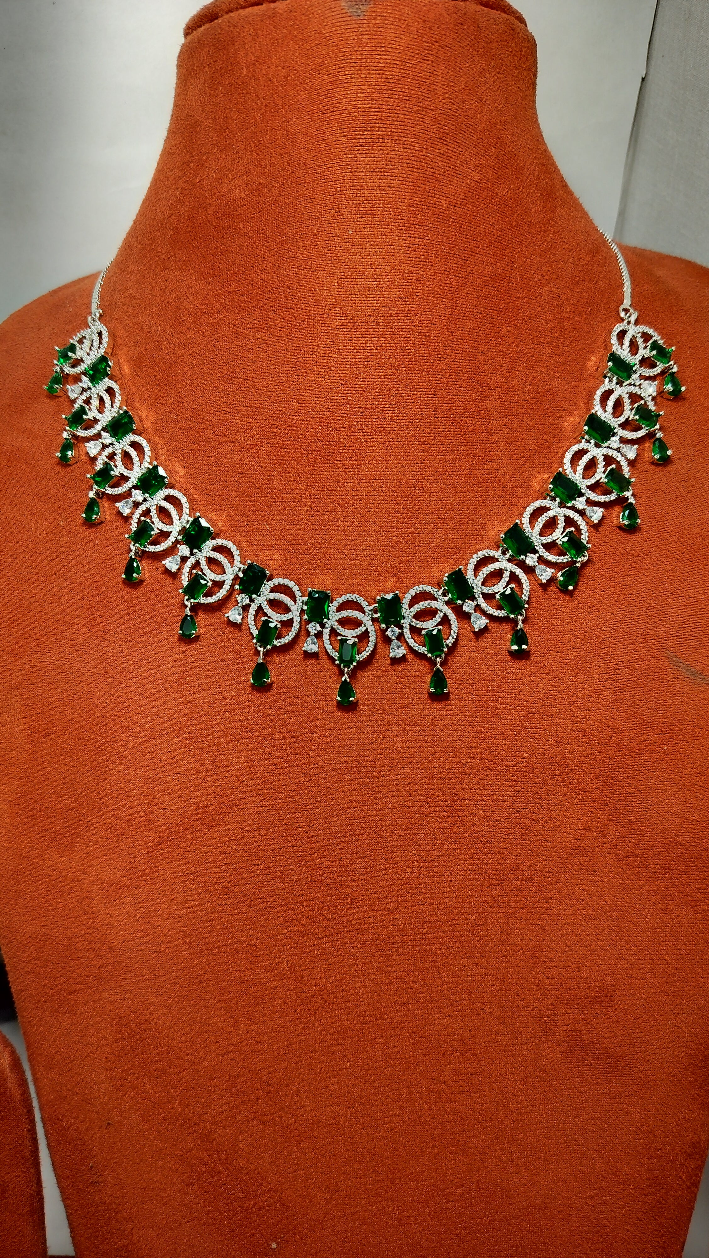 Kayrah Elegant Silver-Tone Green Teardrop Crystal Statement Necklace Set with Matching Drop Earrings