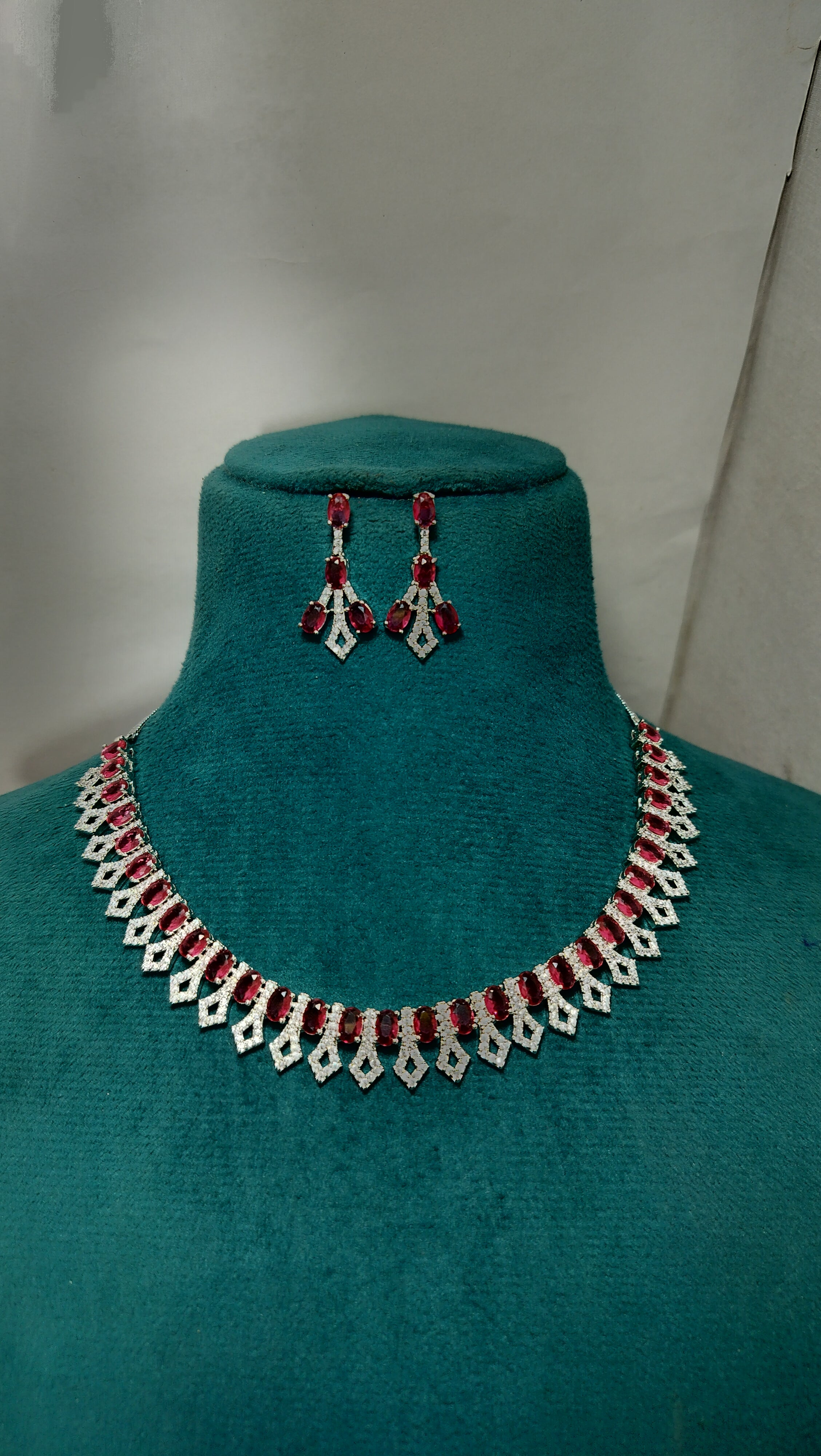 Ruby Red Crystal Necklace Set with Matching Drop Earrings for Women