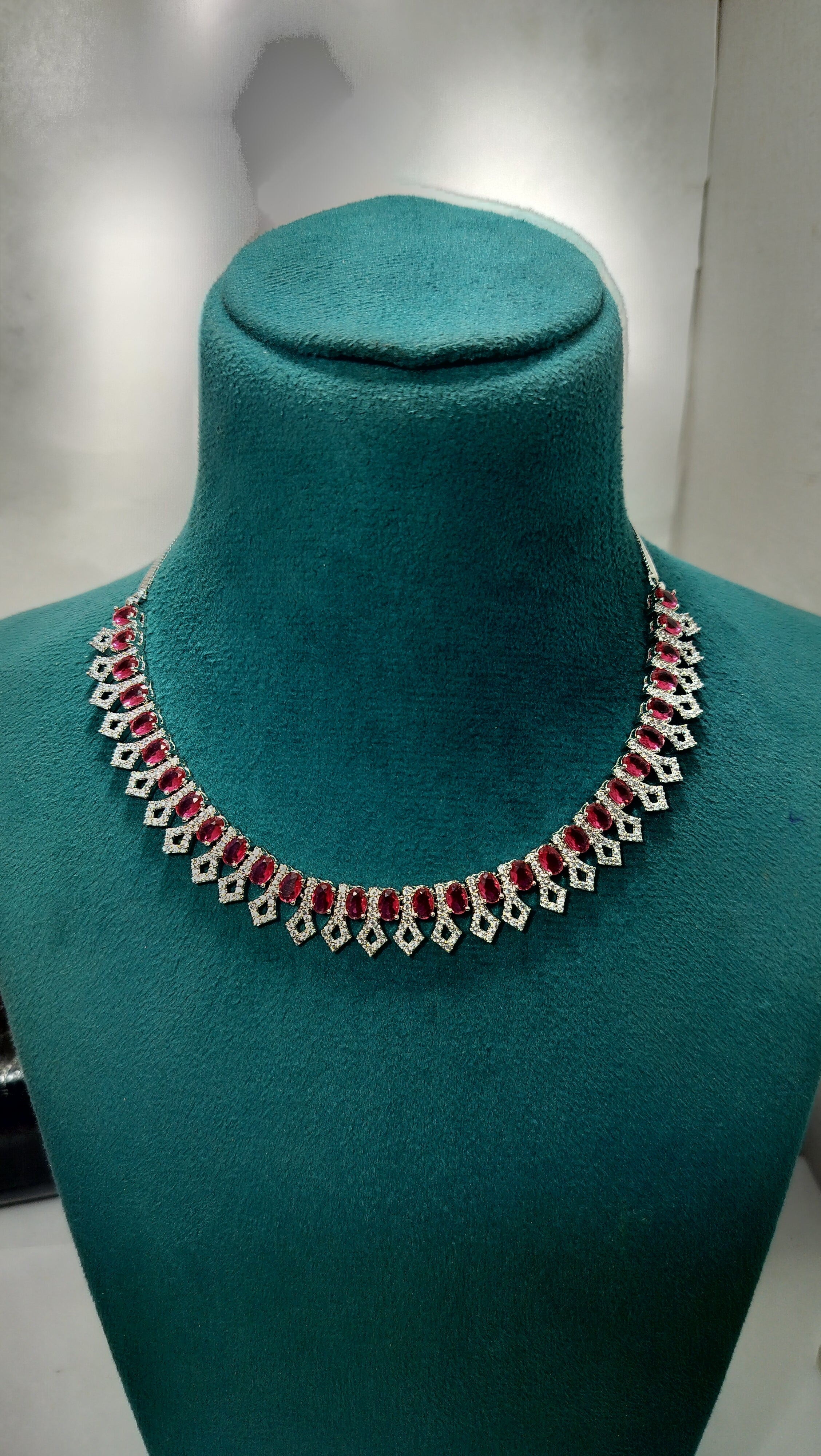 Ruby Red Crystal Necklace Set with Matching Drop Earrings for Women