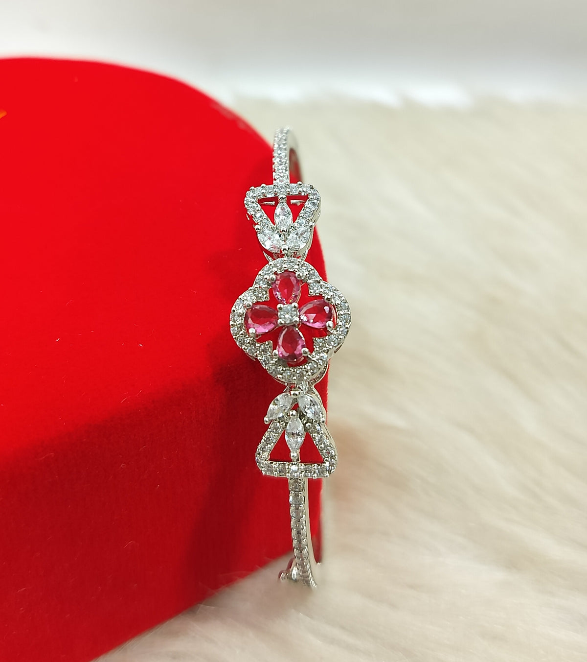 Silver-Tone Red Stone Floral Statement Bracelet for Women