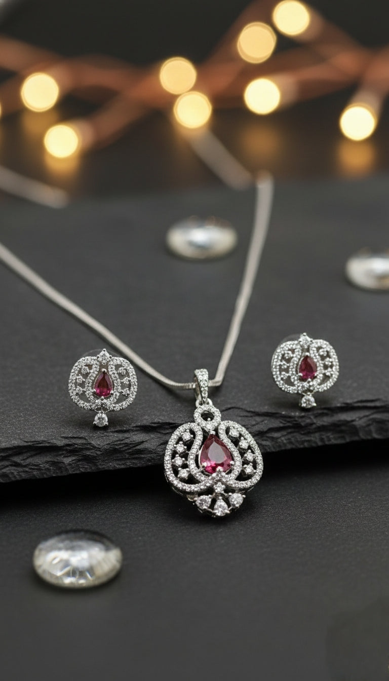 Silver-Tone Pink Stone Pendant Necklace & Earrings Set for Women