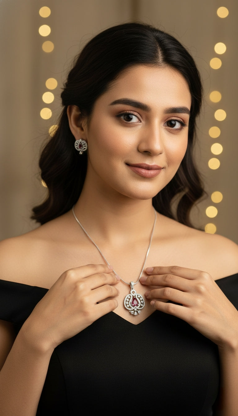 Silver-Tone Pink Stone Pendant Necklace & Earrings Set for Women
