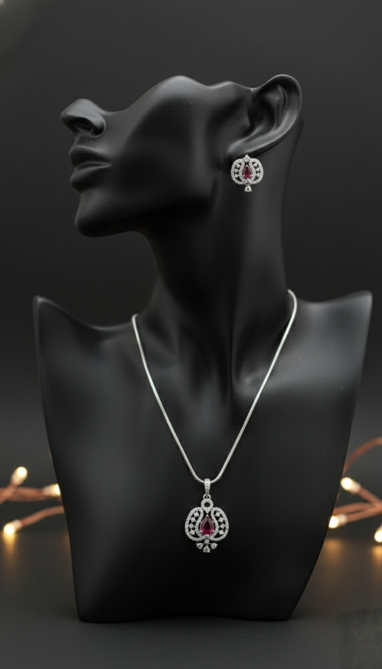Silver-Tone Pink Stone Pendant Necklace & Earrings Set for Women