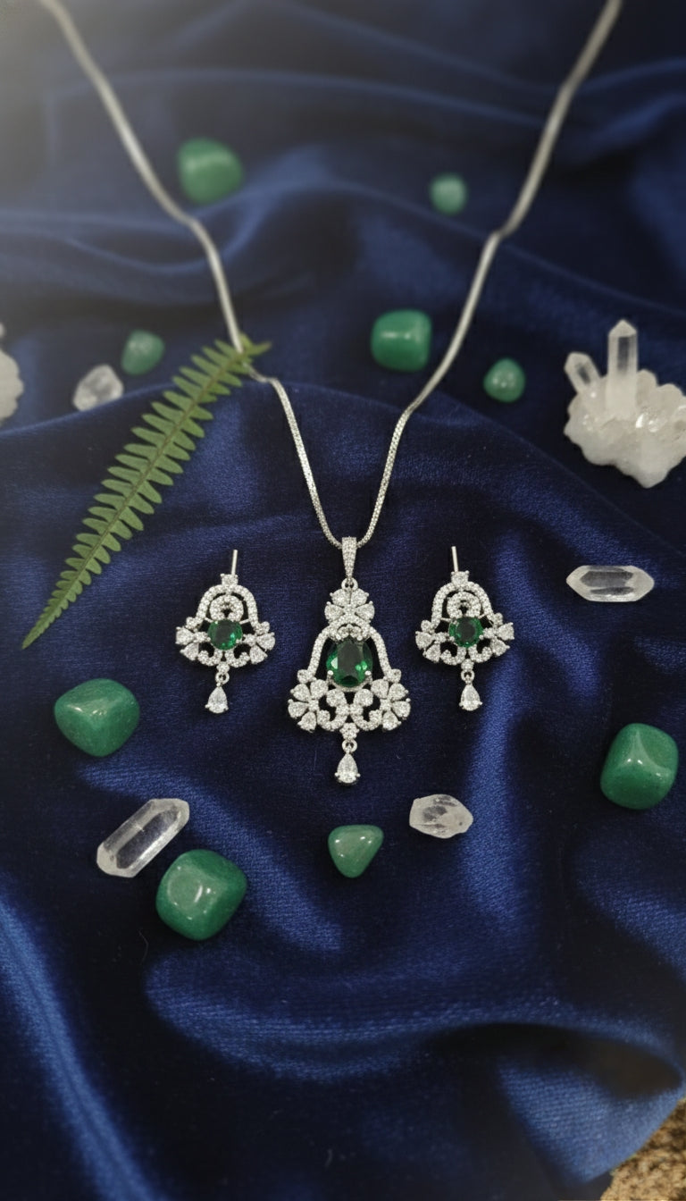 Green Stone Silver Necklace & Earrings Set for Women