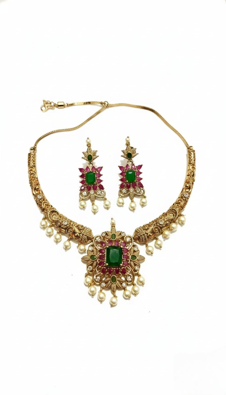 Kayrah Green & Pink Kundan Style Necklace Set with Earrings