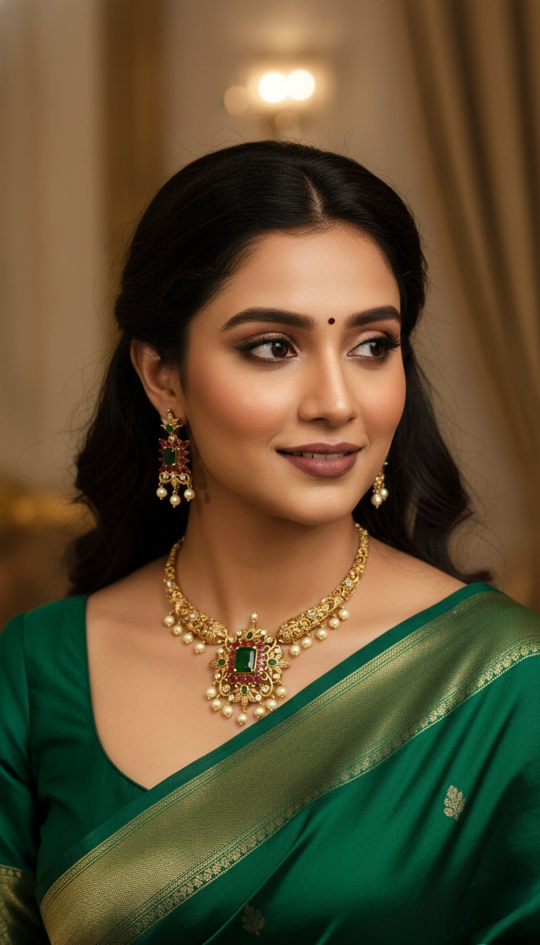 Kayrah Green & Pink Kundan Style Necklace Set with Earrings