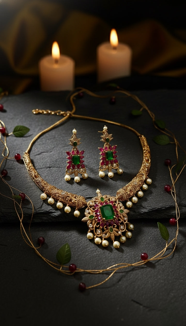 Kayrah Green & Pink Kundan Style Necklace Set with Earrings