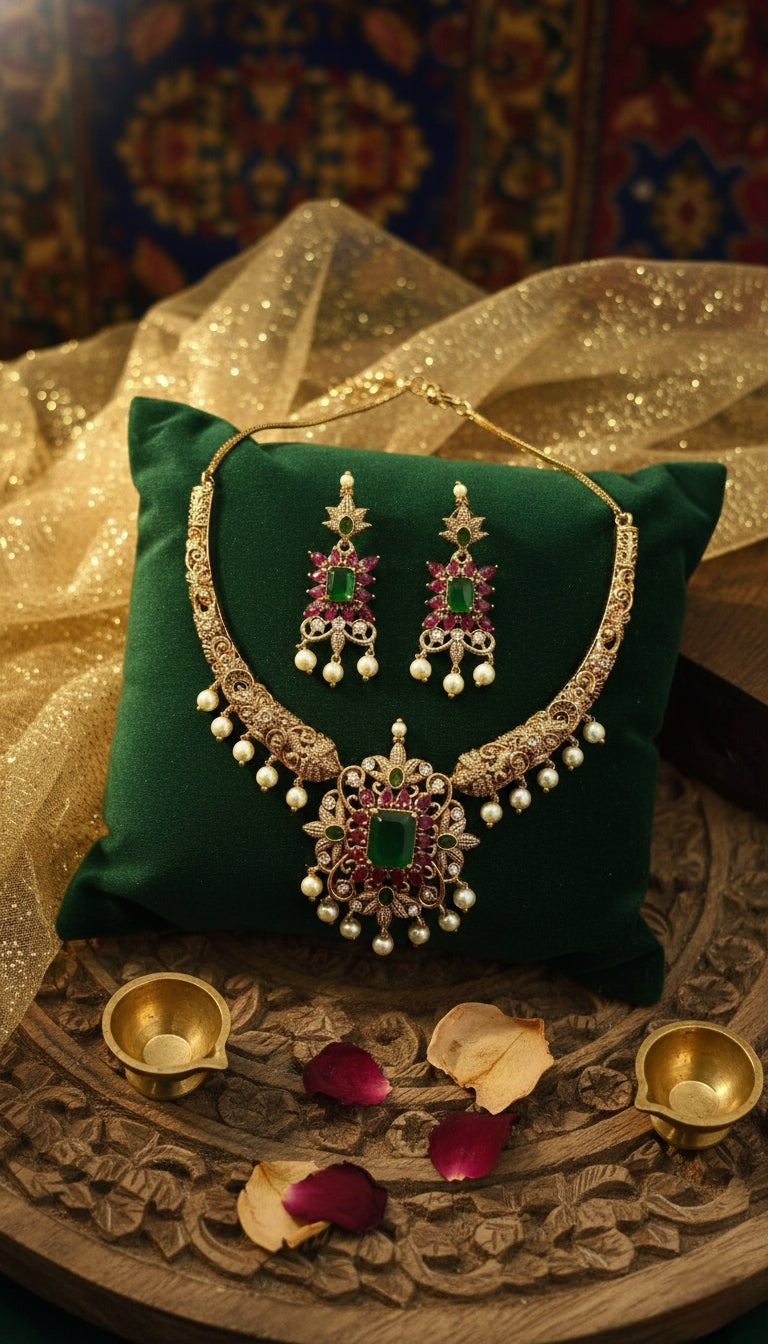 Kayrah Green & Pink Kundan Style Necklace Set with Earrings