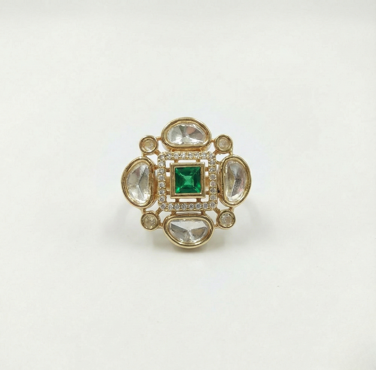 Gold-Tone Floral Statement Ring with Green Center Stone and Clear Accents for Women
