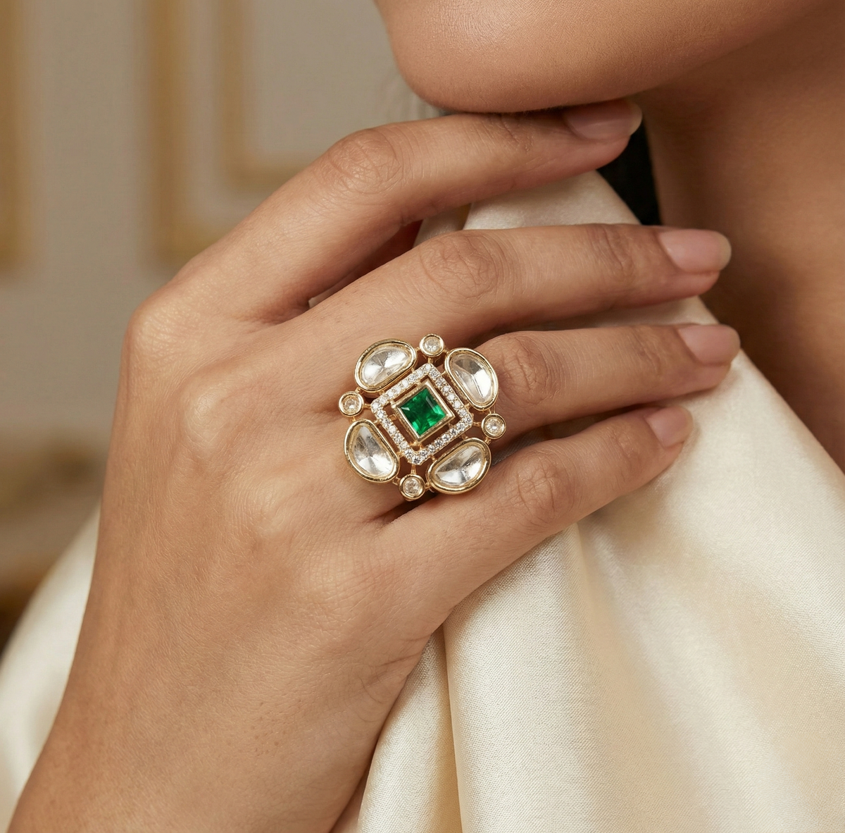 Gold-Tone Floral Statement Ring with Green Center Stone and Clear Accents for Women