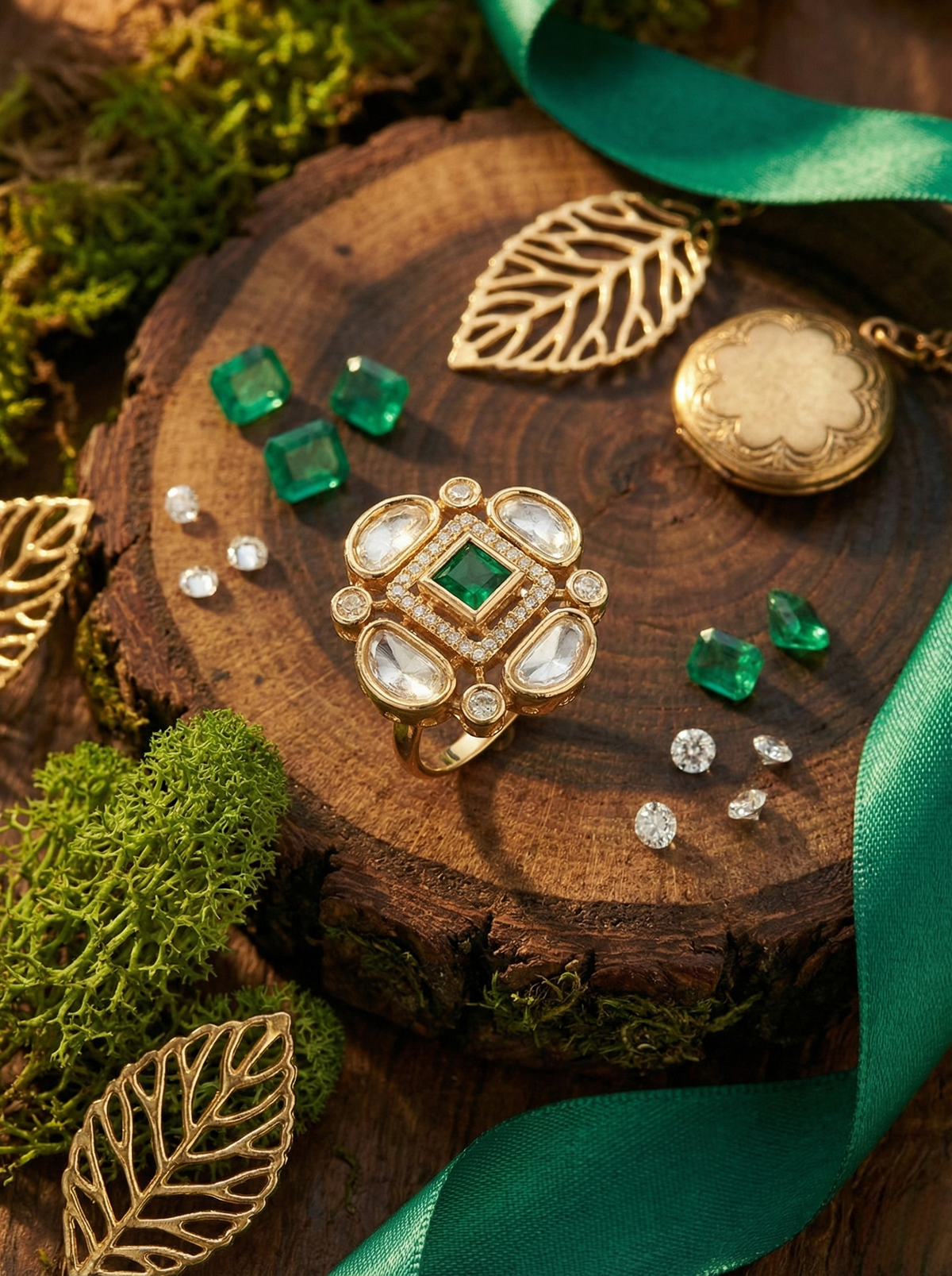 Gold-Tone Floral Statement Ring with Green Center Stone and Clear Accents for Women