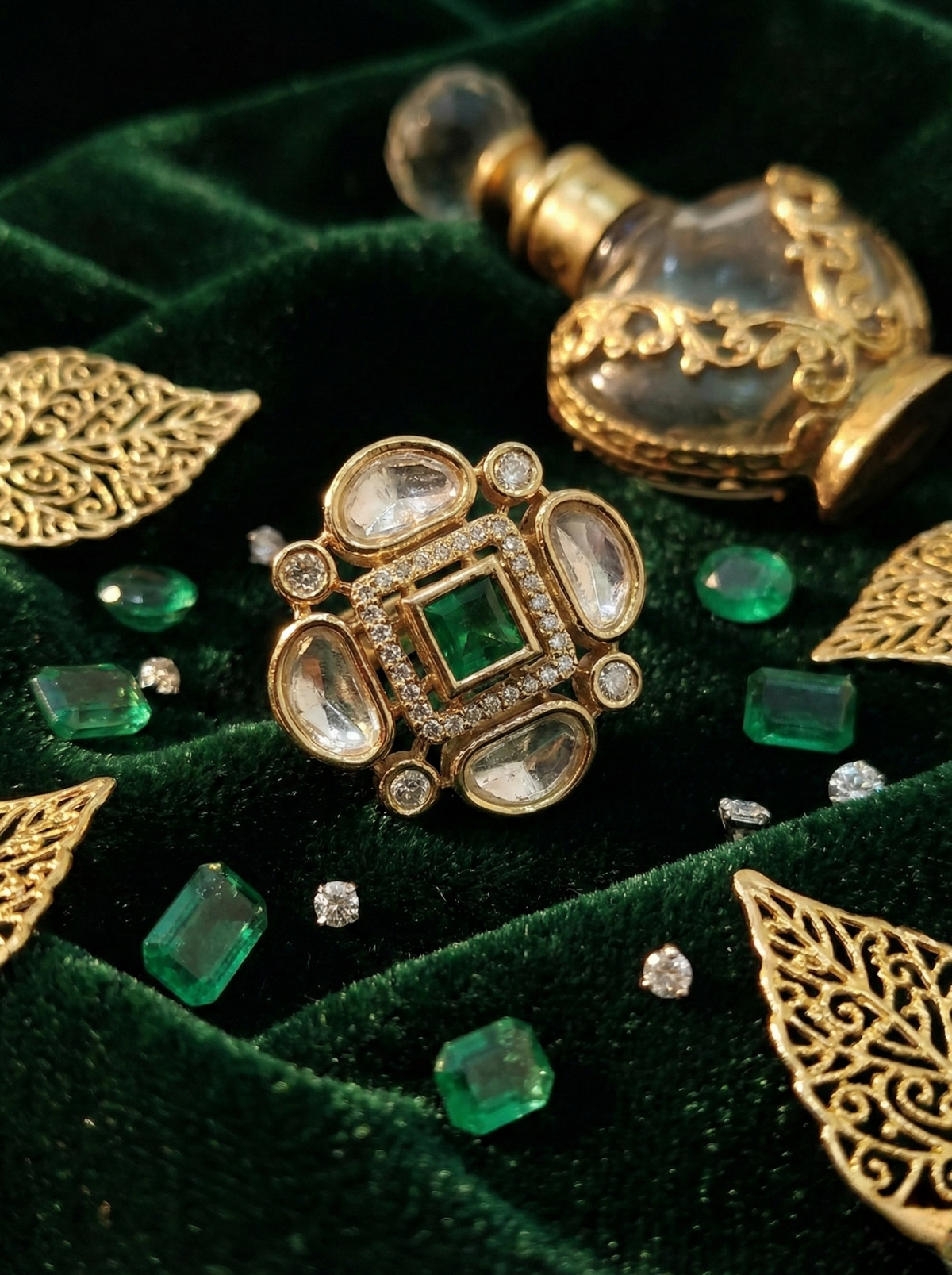 Gold-Tone Floral Statement Ring with Green Center Stone and Clear Accents for Women