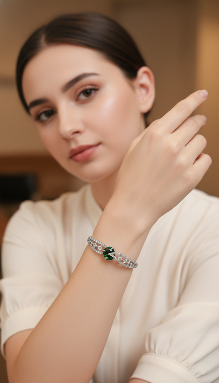 Green Stone Designer Bracelet for Women with Silver-Tone Crystal Detailing