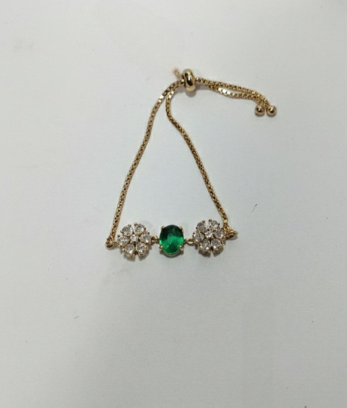Gold-Tone Green Stone Floral Crystal Designer Bracelet for Women
