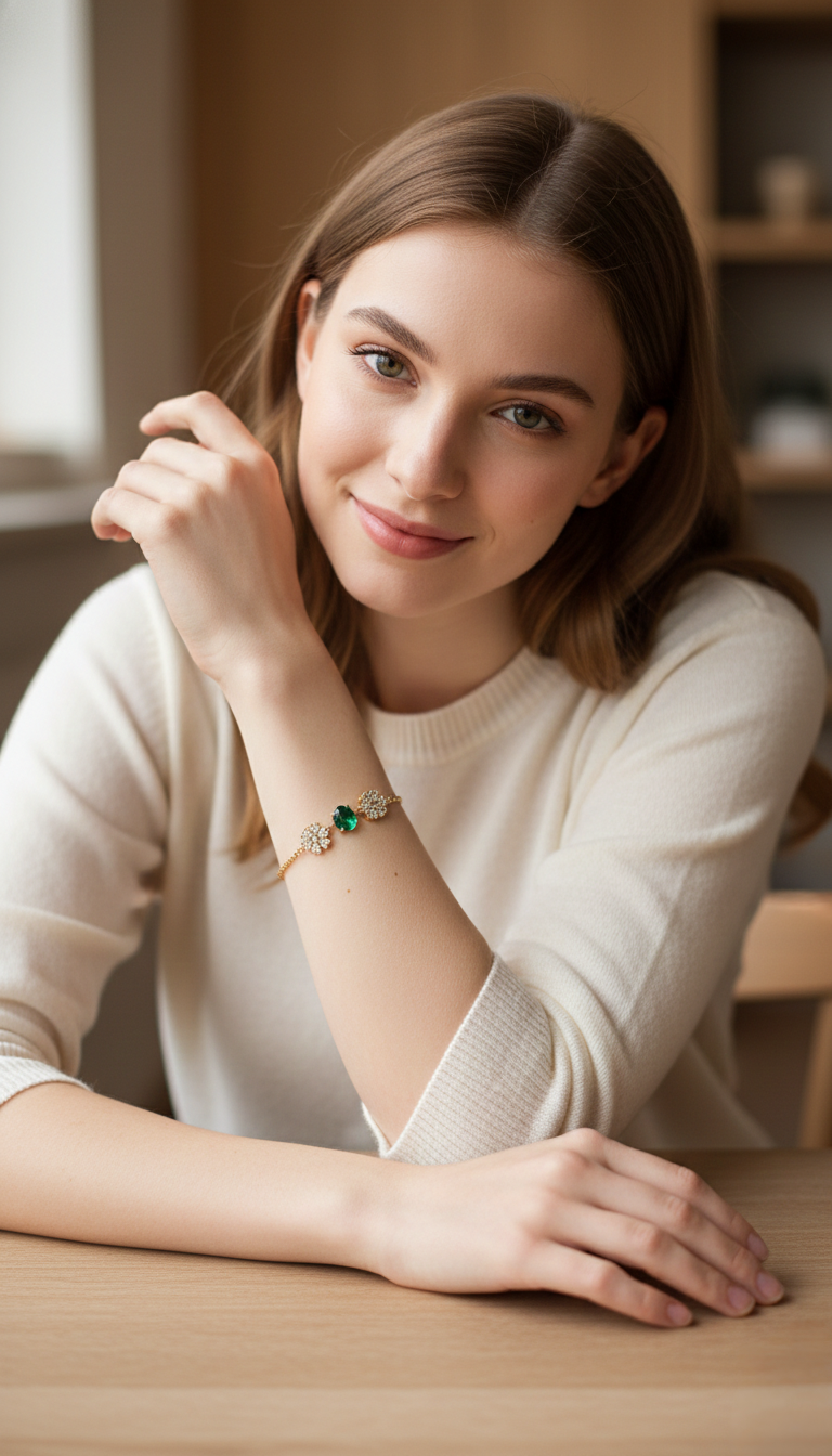 Gold-Tone Green Stone Floral Crystal Designer Bracelet for Women